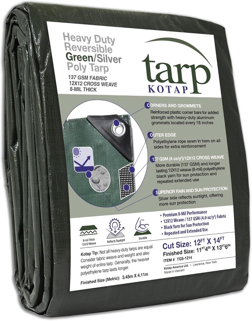 Kotap 12 x 14 Ft. Heavy-Duty Protection/Coverage Tarp, 8-mil, Reversible, Multi-Use, Waterproof, Green-Silver, (TGS-1214)