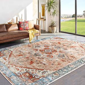5x7 ft. Ultra-Thin Washable Vintage Area Rug - Living Room, Non-Slip Backing Soft Velvet Rugs, Stain Resistant Washable Rug for Bedroom, Kitchen, Office, Home Decor Rug (Orange/Blue, 5'x7')