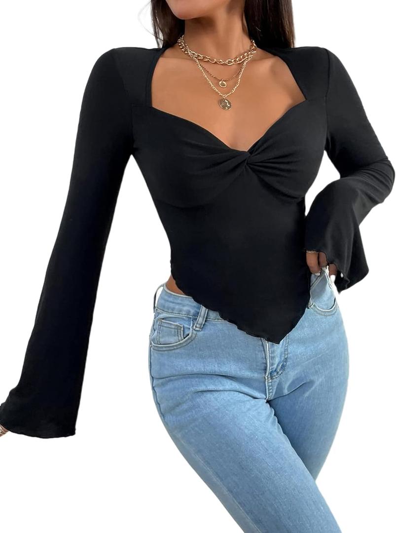 Avanova Women's Long Sleeve Square Neck Crop Top Twist Front Asymmetrical Shirt Black Large