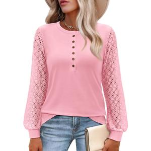 Siliteelon Womens Long Sleeve Lace Tops Henley Shirts Eyelet Dressy Casual Blouses 2026 Fall Clothes Business Work Tunics