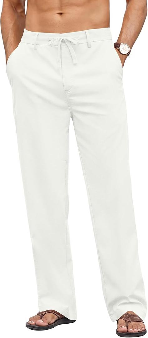Mens Linen Pants Casual Elastic Waist Drawstring Pant with 4 Pockets