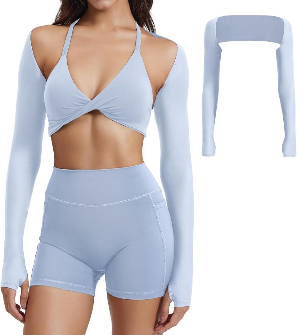 YEOREO Women Crop Top Long Sleeve Bolero Open Front Workout Cropped Shirts Sports Shrug (Small, Blue)