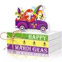 4PCS Mardi Gras Truck Wooden Table Centerpieces Decorations - Carnival Tiered Tray Party Decor for Home Mantel