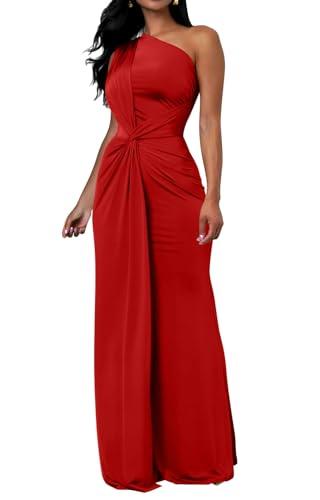 Memoriesea Women's Elegant Sleeveless One Shoulder Bodycon Evening Cocktail Maxi Dress Red, L