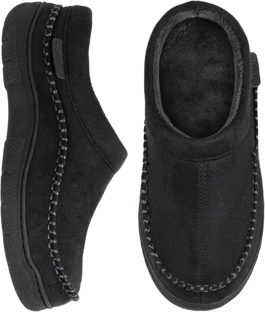 Zigzagger Men's Slip On Moccasin Slippers, Indoor/Outdoor Warm Fuzzy Comfy House Shoes, Fluffy Wide Loafer Slippers (9-10, Jet Black)