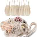 5 pack Cotton String Shopping Bags Reusable Washable Grocery Mesh Bags Organizer for Grocery Shopping Produce Net Bags with Longhandle for Fruit Vegetable Storage (Biege)