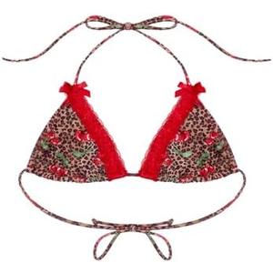SOLY HUX Women's Leopard Print Halter Triangle Bikini Tops Lace Trim Cherry Print Bathing Suit Swimsuit Tops, Small