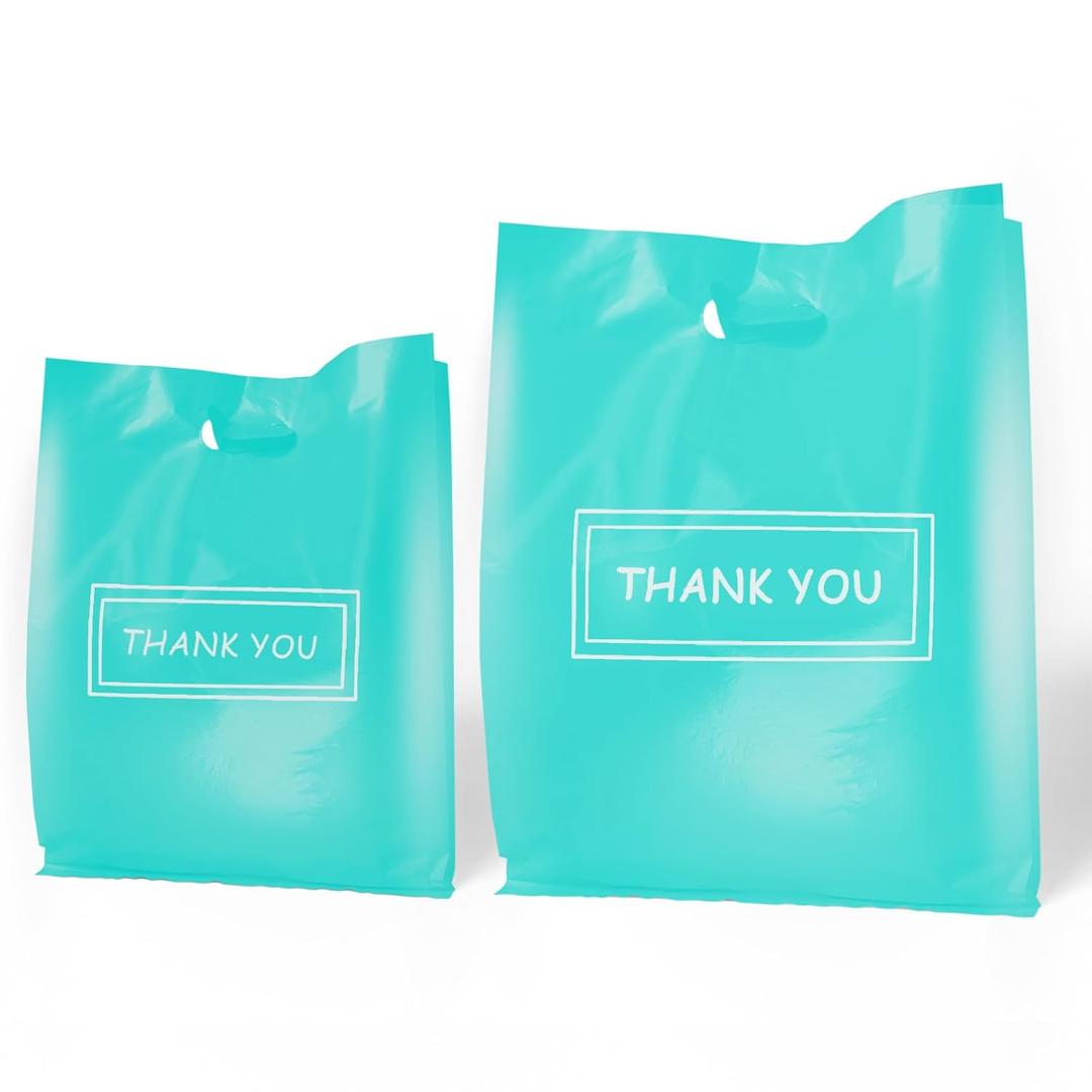 MelonArt Thank You Bags for Small Business, 200pcs Plastic Retail Bags Merchandise Bags with Handles Bulk Large Reusable Shopping Boutique Bags 9x12 and 12x15 for Stores Clothes Supplies(Turquoise)