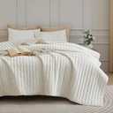 Luxury Soft Velvet Quilt Set King Size - Lightweight Velvet Bedding Set for All Season, Oversized Bedspread Coverlet Comforter Set with 2 Pillow Shams, Cream White, Striped (King/Cal.King (106" x 96"))