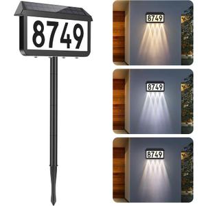 Brightever Solar Address Signs, House Number for Outside Waterproof, 3-Color LED Illuminated Address Plaques with Stake, Wall Mounted Solar Powered Light Up Address Numbers for Houses, 1-Pack (Black)