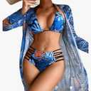 Women's 3 Piece Tropical Bikini Set with Mesh Coverup, Sexy Crisscross Cutout Swimsuits for Pool Party, Medium 