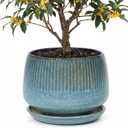 10.3 Inch Ceramic Planter with Saucer,Modern Garden Pots with Drainage Hole Mesh Net, for Indoor Outdoor Use(Crackle Blue)
