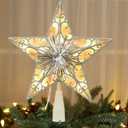 Brizled Silver Christmas Tree Star Topper, 9'' Dual-side 3D Christmas Star Topper with 10ct Warm Lights, Glittering Xmas Treetop, UL Certified Lighted Xmas Star Ornament for Tree Home Holiday Decor
