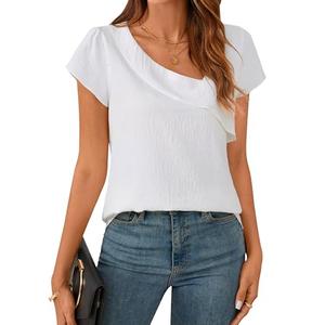 BMJL Womens Dressy Casual Blouses Asymmetrical V Neck Business Work Tops Ruffle Sleeve Summer Shirts (S,White)