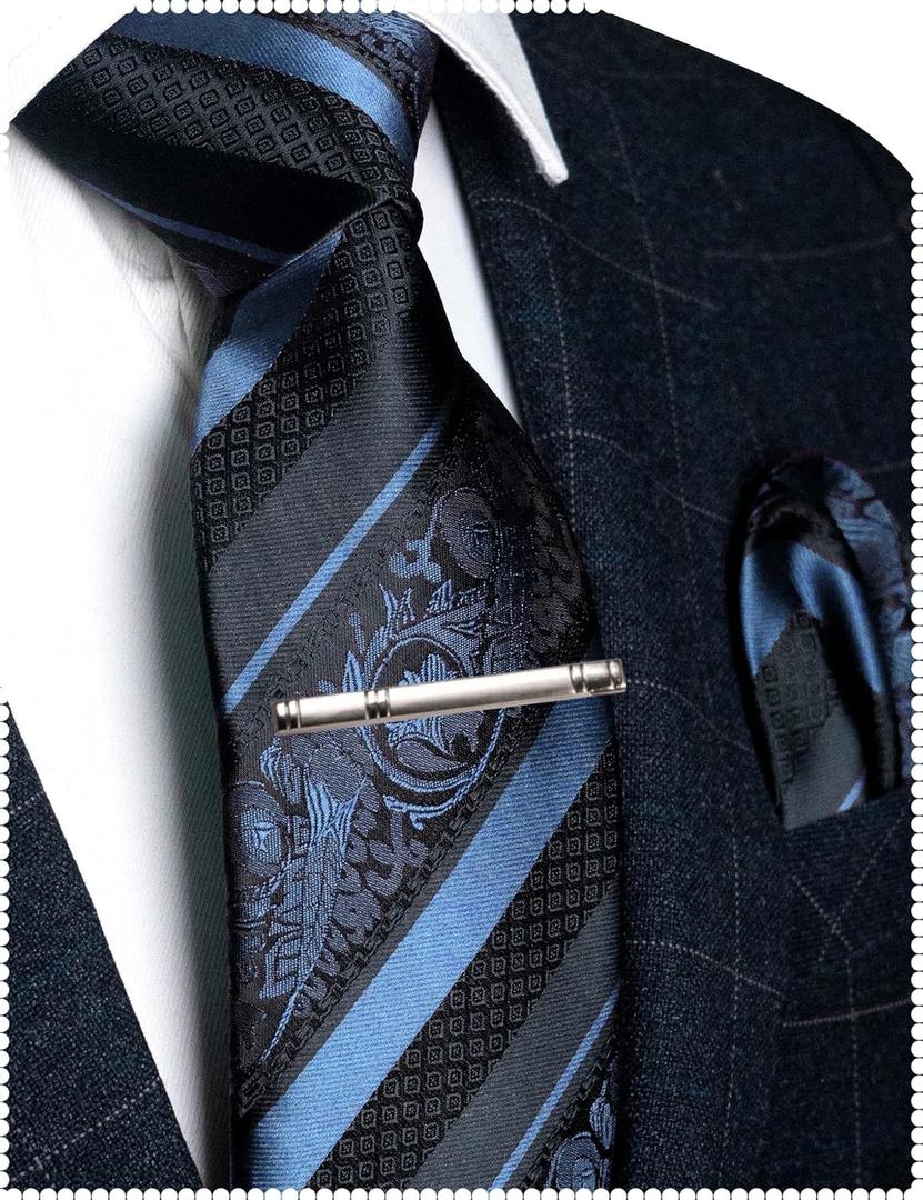 JEMYGINS Mens Floral Necktie and Pocket Square Tie Clip Sets for Men (Dusty Blue)