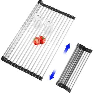 Roll Up Dish Drying Rack, Expandable Over The Sink Dish Drainer,Stainless Steel Kitchen Rolling Sink Rack Space Saving Sink Mat, Length Up to 22.3" (Black, Expandable)