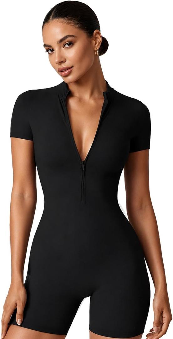 Women Bodysuit Zip Tummy Control Yoga Workout Work Out Gym Set for Athletic Rompers Romper Leotards One Piece Outfit Sexy. L Size