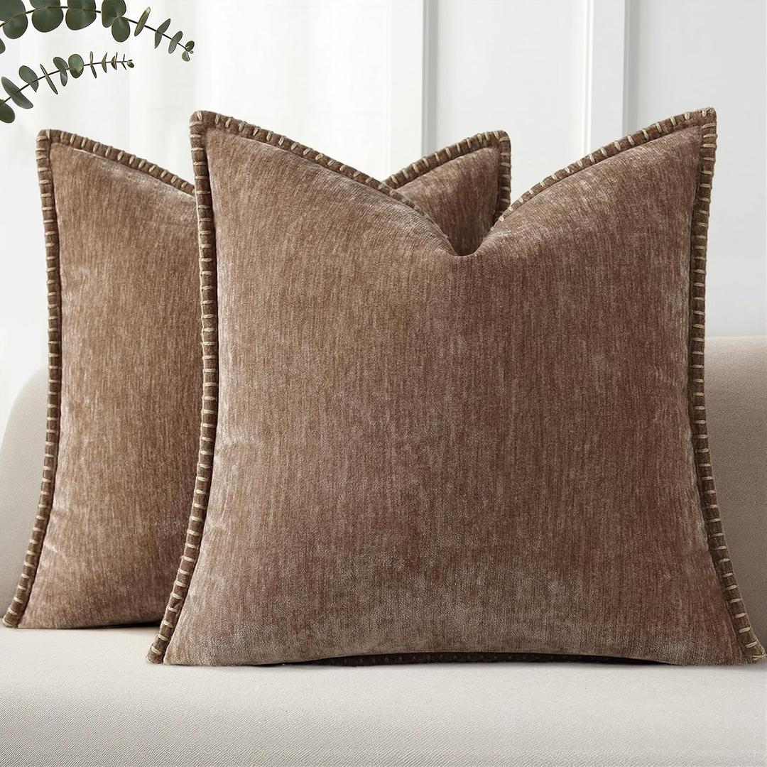 Pallene Chenille Soft Brown Throw Pillow Cover 18x18 Set of 2