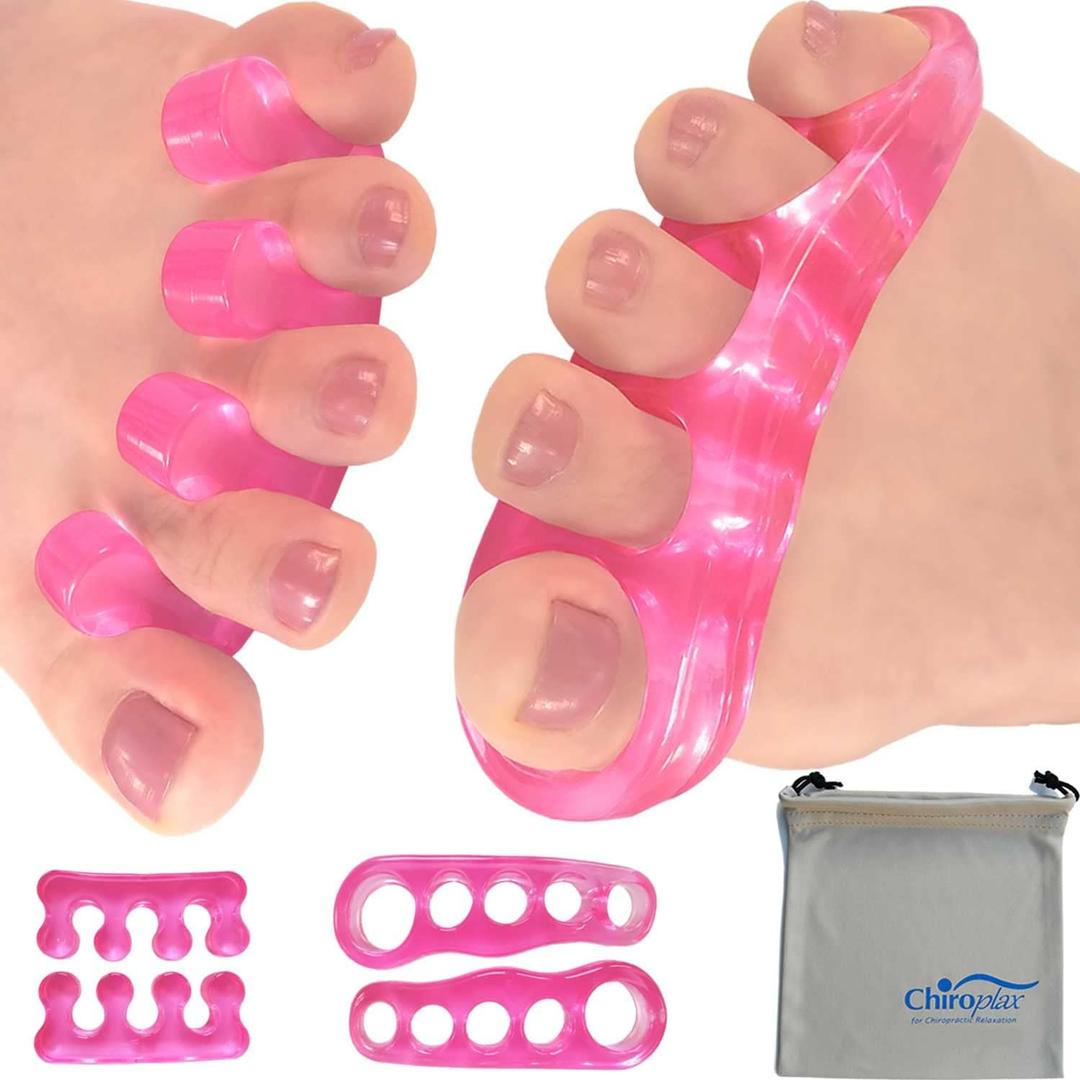 Chiroplax Gel Toe Separators Stretchers Spreader Spacer for Bunion Bunionette Relief Hammer Overlapping Toe Straightener Corrector (2 Pairs w/Pouch - Hot Pink)