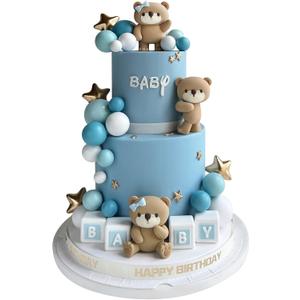 32 Pcs Bear Cake Toppers Pearl Ball Cake Decorations with Stars Cake Topper for Boy Girl Baby Shower Birthday Party Decorations (Blue)