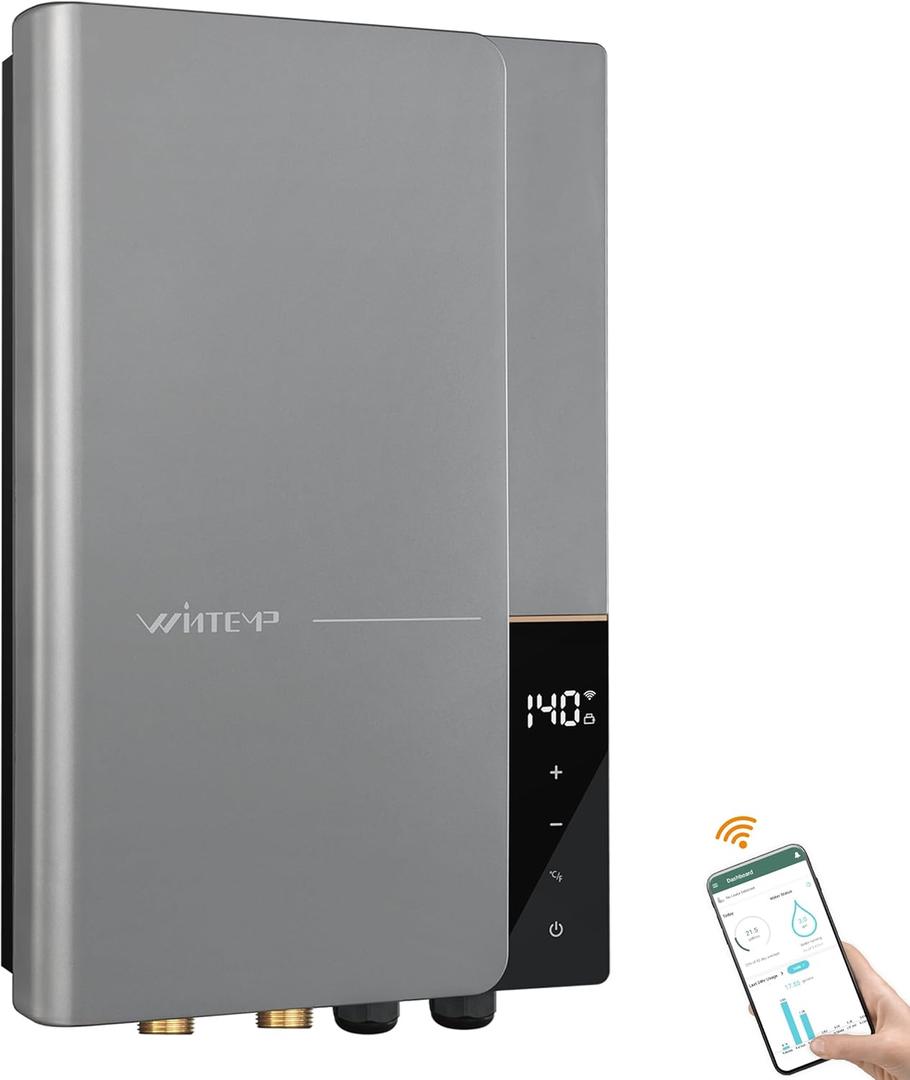 Electric Tankless Water Heater WINTEMP, 18kW 240V on Demand Instant Endless Water Heater Self Regulating LED Temperature Display Residential Whole House Shower Space Saving WIFI Control ETL (Gray)