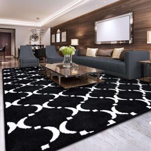 Comeet Modern Geometric Shag Area Rug for Bedroom, 7'x10' Memory Foam Floor Mat Washable Non-Slip Rug, Indoor Carpet for Living Room, Bedside, Office, Kids Nursery Dorm, Home Decor Black/ White