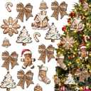 Yookeer 36 Pcs Gingerbread Christmas Ornaments Wood Christmas Tree Bow Hanging Ornaments Vintage Farmhouse Xmas Decoration Tags with Rope Decor for Winter Holiday Decorations