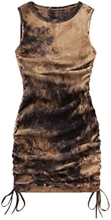 GORGLITTER Summer Dresses for Women 2024 Ruched Bodycon Dress Tie Dye Mini Dress Ribbed Knit Sleeveless Short Dresses Size L