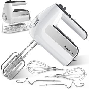 5-Speed Electric Hand Mixer, 800W Handheld Mixer with Turbo for Baking & Cooking, Kitchen Food Mixer with Storage Case & 6 Stainless Steel Attachments (2 Beaters, 2 Dough Hooks, 2 Whisks), White