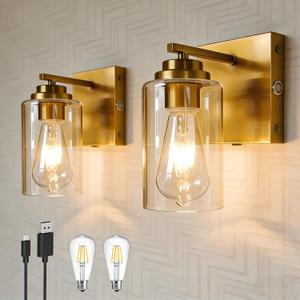 Gold Battery Operated Wall Sconce Set of 2, Wireless Brass Wall Sconces, Rechargeable LED Dimmable Wall Light for Bedroom Bathroom Hallway Living Room Entryway Stairwell,3000K
