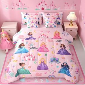 jejeloiu Kids 7 Piece Princess Bedding Set King Size Pink Castle Bed Set Includes Comforter, Sheet Set, Pillowcases & Pillow Covers Bedroom Decor Fairy Dreamy Bed in a Bag Breathable Soft (Pink Blue Purple)