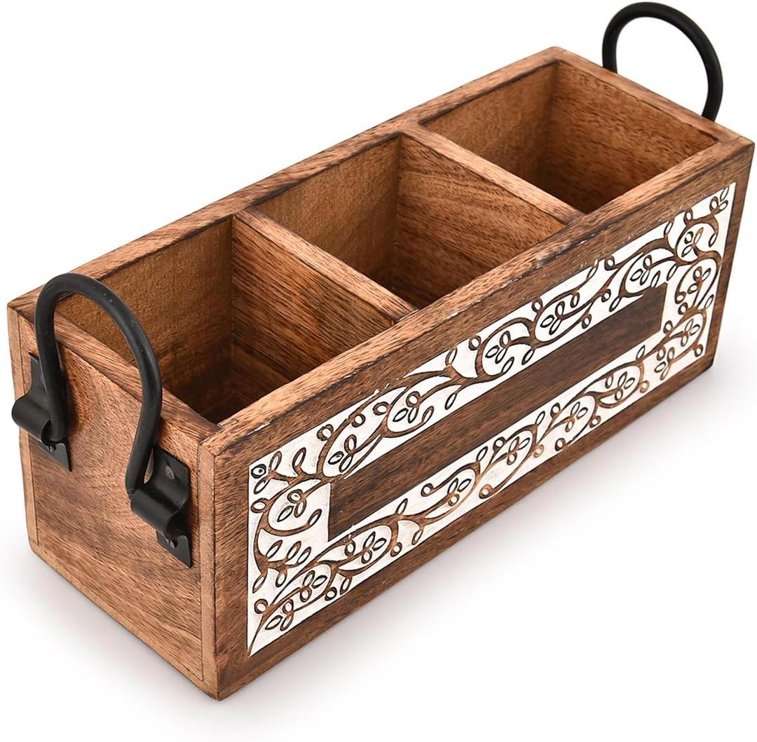 Caddy Mango Wood 3 Compartment Wooden Silverware Caddy Utensil Holder for Kitchen Countertop, Picnic, Buffet Party (11" x 4" x 4.5")