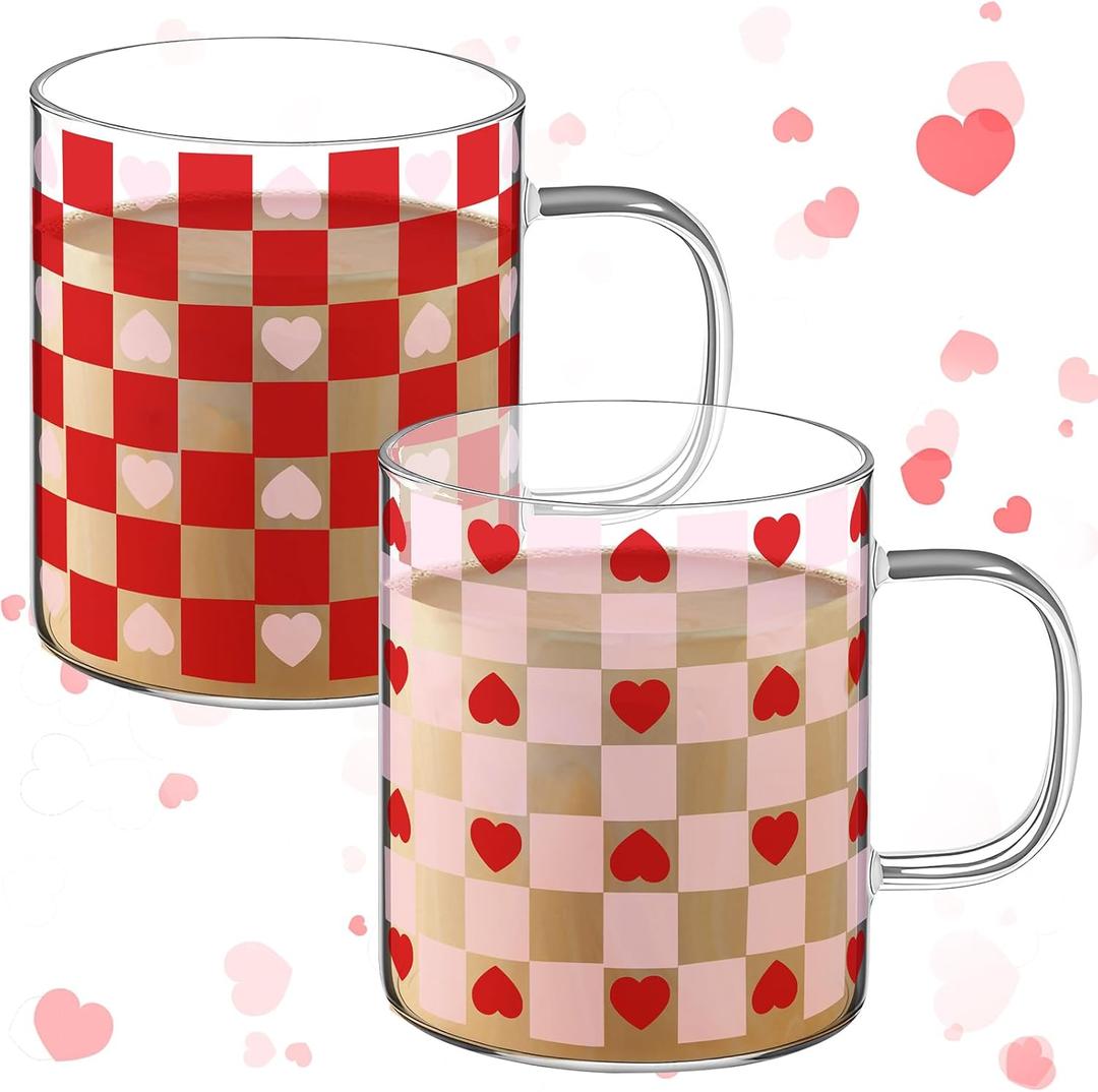 2 Pcs Heart Mugs 12 oz Valentine Glass Cups with Handle Pink Red Checkered Heart Iced Coffee Cups for Couples Valentine's Day Gifts for Anniversary Wedding Engagement Birthday Couple Gifts