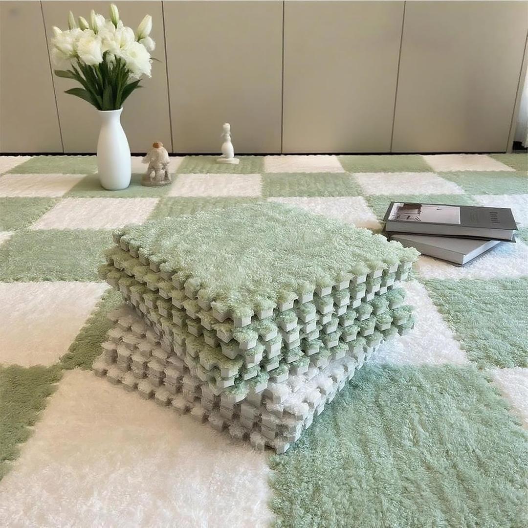 16pcs Plush Puzzle Carpet Tiles, Carpet Squares with Soft Fluffy Interlocking Square Foam Tiles for Living Room & Bedroom, Home Playroom Decor and Pet Comfort Rest Area(11.8x11.8x0.4in,White&Green)