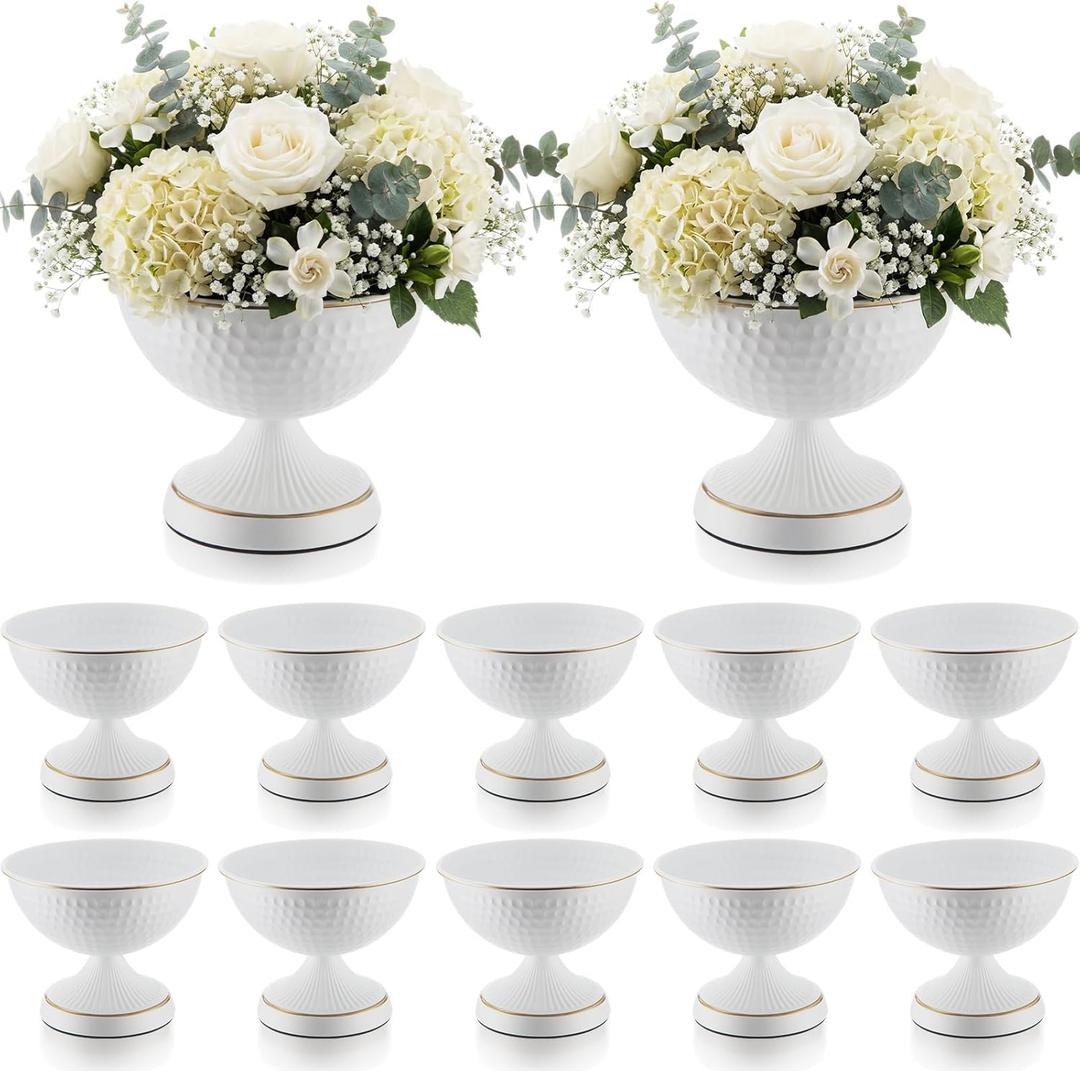 12 Pcs White Urn Vases for Centerpieces 6 Inch Hammered Compote Bowl Vases Set for Wedding Vintage Metal Vase Table Decoration with Anti-Slip Mat for Christmas Anniversary Party