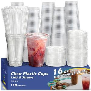 110 Pack Clear Plastic Cups with Lids and Straws, 16 oz Disposable Iced Coffee Cups To Go, BPA-Free Cold Drink Cups for Smoothie, Matcha, Parties (EXP 08/24/26)