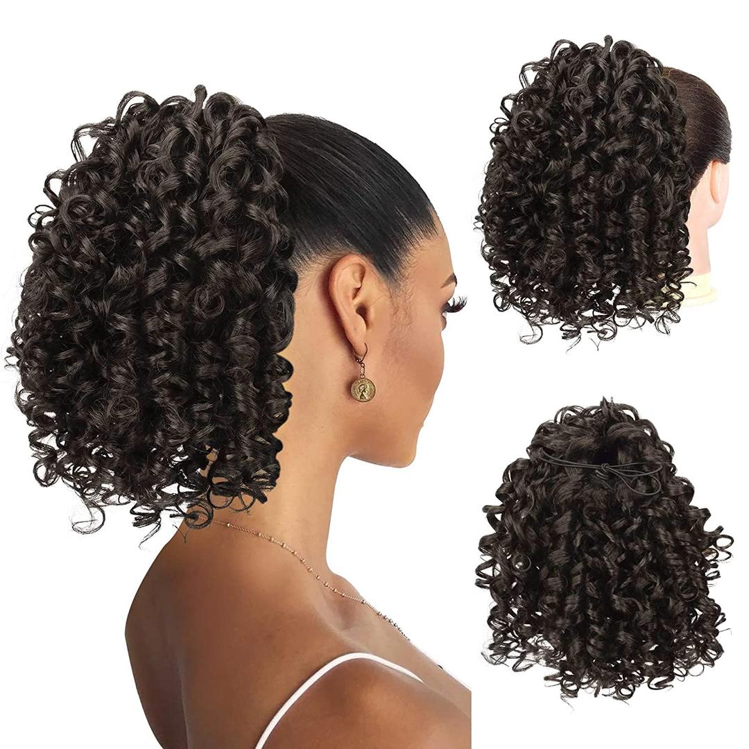 PEACOCO Curly Ponytail Extension Drawstring Ponytails for Black Women - 10 Inch Pony Tail Clip on Ponytail Synthetic Short Afro Hairpiece for Daily Use（2#）