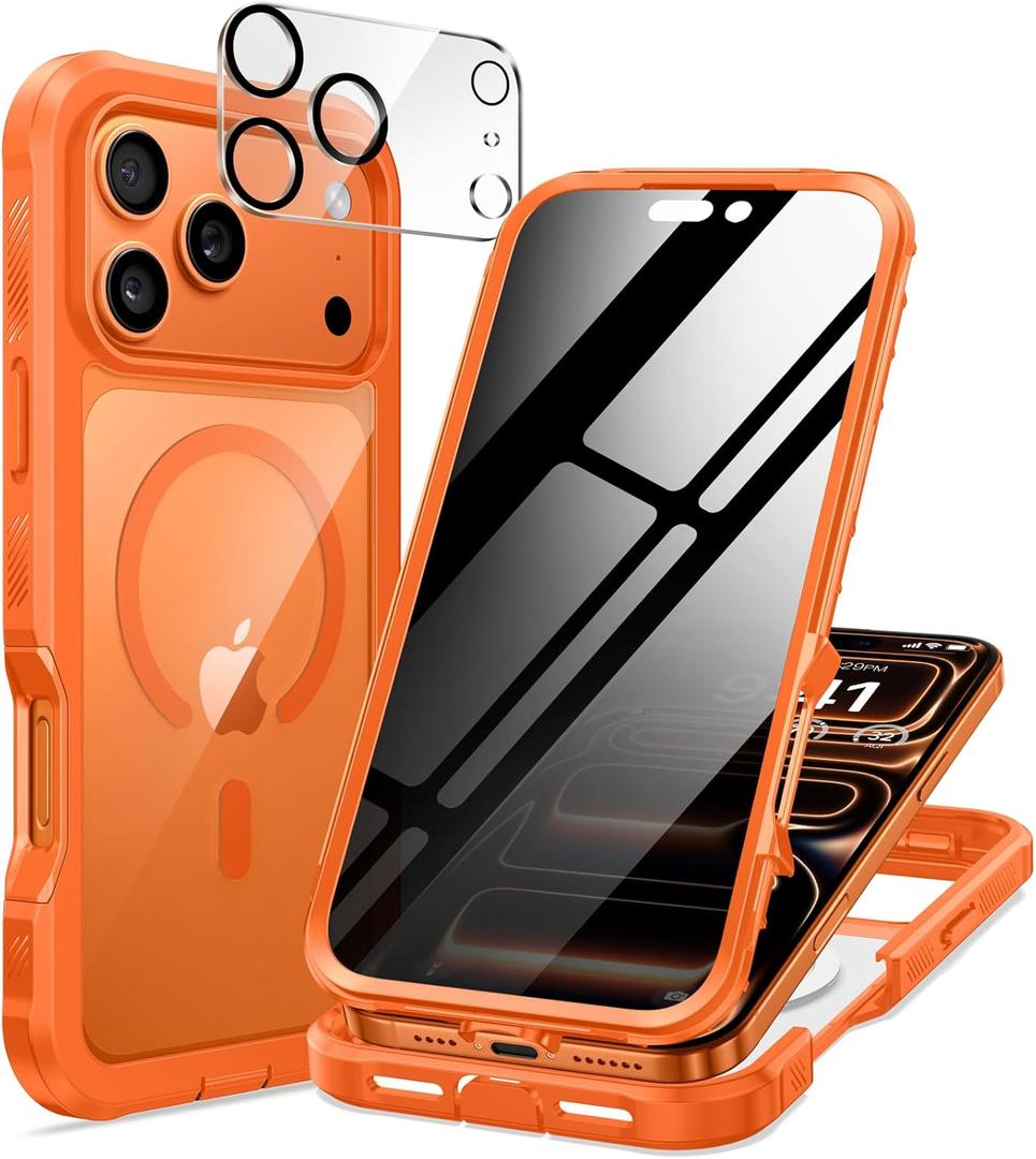 Seacosmo for iPhone 17 Pro Max Case, Full Body Bumper with Built-in Tempered Glass Privacy Screen and Camera Lens Protector, Compatible with MagSafe, Shockproof 17 Pro Max Phone Case, 6.9", Orange