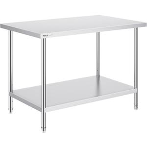 VEVOR Stainless Steel Prep Table, 30 x 48 x 34 Inch, 880 lbs Load Capacity, Heavy Duty Metal Worktable with 3 Adjustable Height Levels, Commercial Workstation for Kitchen Garage Restaurant Backyard