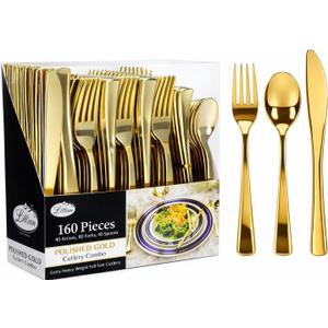 Gold Plastic Silverware Set, 160 Count, Extra Heavy Duty Flatware, Disposable Cutlery Utensils, 80 Forks, 40 Spoons, 40 Knives, Polished Gold, Bulk Pack