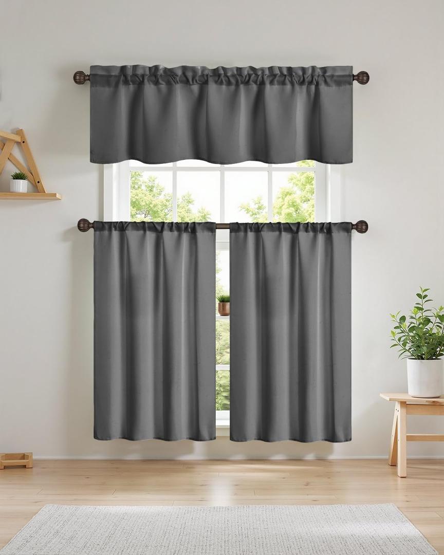 Easy Home 3 Piece Solid Color Blackout Window Curtain Set with Tiers and Valance Rod Pocket Thermal Privacy Curtain Tiers for Kitchen, Living Room, Bathroom Shades, W27 x L36 Inch,(Dark Gray)