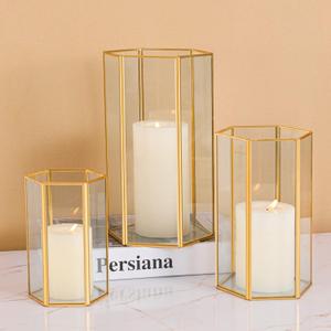 Glass Hurricane Candle Holder, Set of 3 Large Clear Hexagon Lanterns Pillar Candle Lantern with Gold Metal Frame Wedding Centerpiece Table Decor Home Decorations (Gold)