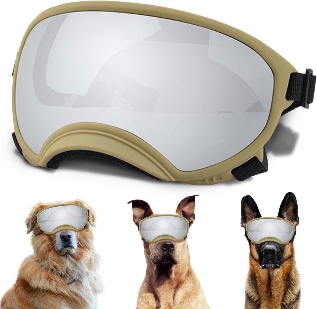 Winproof Large Dog Sunglasses with Adjustable Strap, UV Protection, Soft Goggles for Medium-Large Dogs (KhakiSilver)
