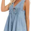 Women's Denim Romper Casual Summer Sleeveless Jean Romper Tie Front V Neck Ruffle Jean Short Overall With Pockets (Blue, L)