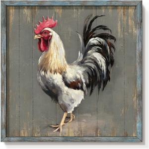 Rooster Wall Art, Rustic Farmhouse Chicken Picture for Dining Room, 20x20