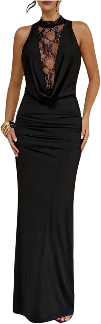 SweatyRocks Women's Lace Patchwork Maxi Formal Dresses Draped Sleeveless Party Night Out Bodycon Wedding Guest Dresses Black Small