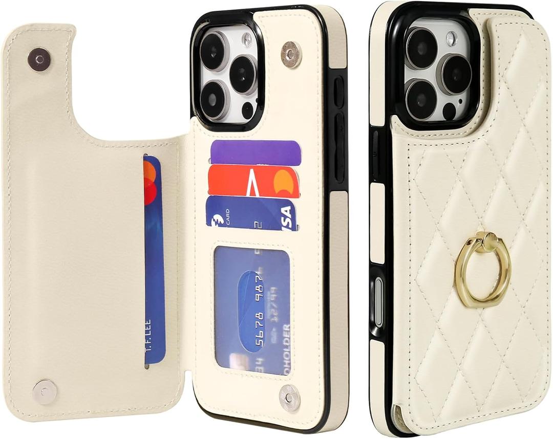 Wallet Case for iPhone 16 Pro with Card Holder, Ring Kickstand Card Slots Leather Case with Double Magnetic Clasp Shockproof Phone Cover 6.3 Inch 2024, Beige