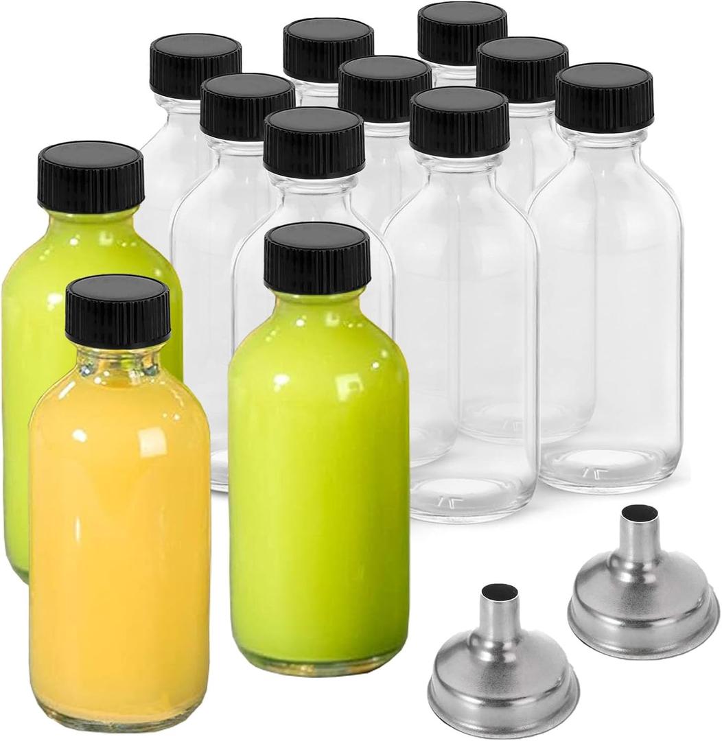 11 Pack, 2 oz Small Clear Glass Bottles w/Lid & 3 Funnels - 60ml Boston Shot Bottles for Health, Immunity, Potion, Wellness, Sample, Ginger, Juice - Mini Personal Care & Beauty Travel Bottle