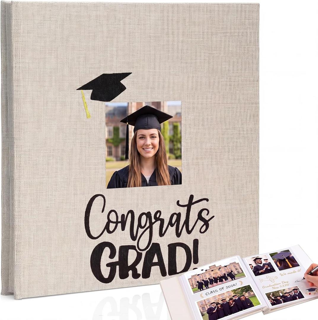 Fumete Beige Class of 2026 Graduation Album Self Adhesive Photo Scrapbook 40 Pages 11.5 x 10.5 Inch Linen Memory Book with Cover Display Window DIY Album for School College Graduate Party Gift