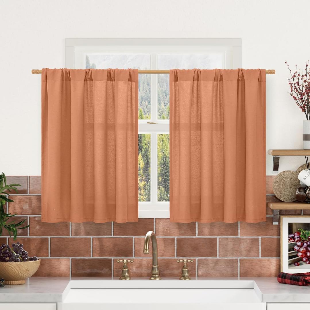 LAMIT Terracotta Linen Curtains 30 Inch Length for Small Window, Rod Pocket Linen Textured Light Filtering Drapes Boho Neutral Panels for Kitchen/Bathroom, 2 Panels, 42 x 30 Inch